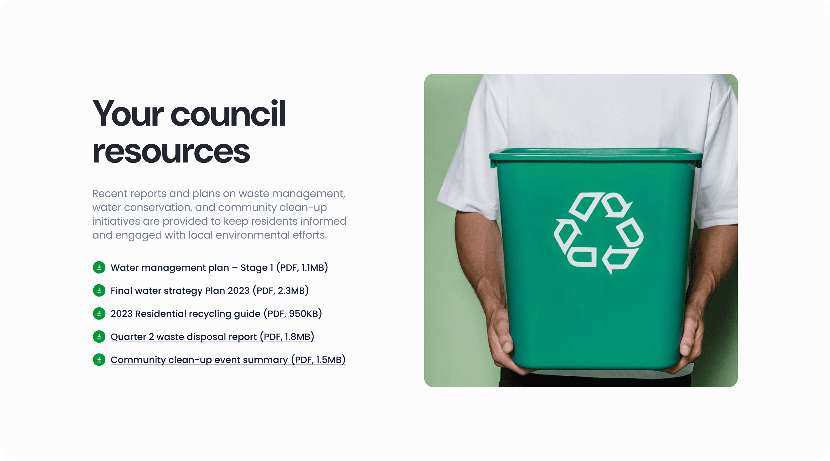 Improved document resources section with clear links, file sizes, and a visual preview.