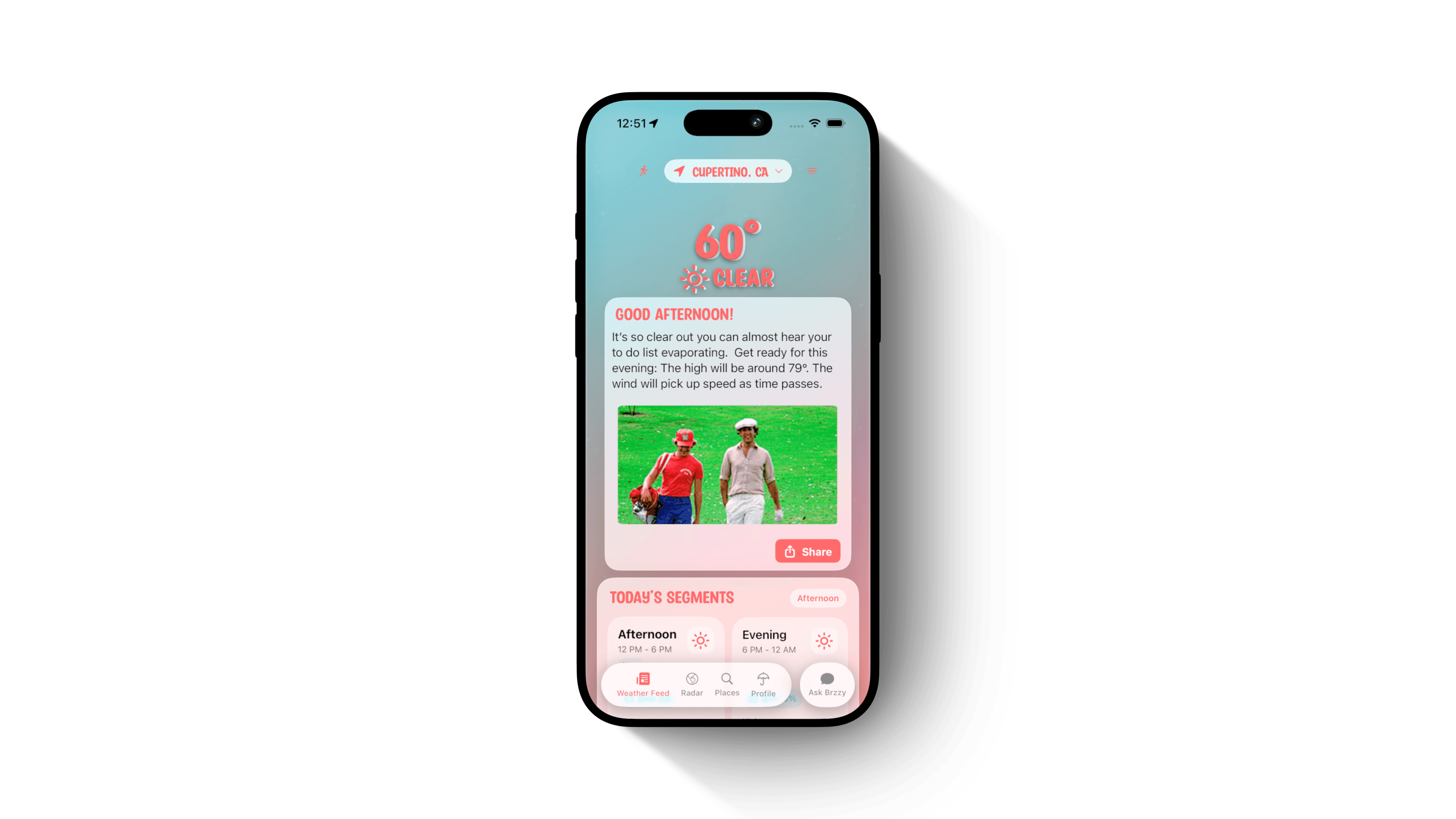 Someone checking the weather with the Brzzy Weather app.