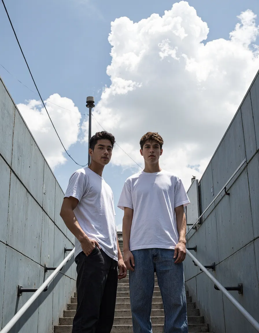 Two people in white t-shirts standing in concrete stairwell with dramatic sky overhead, creating strong visual composition