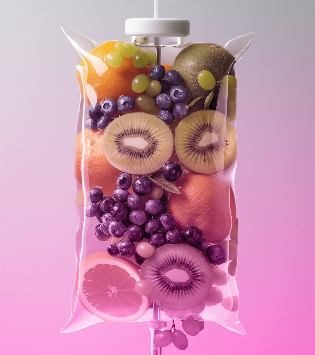 Intravenous bag filled with an assortment of fruits like oranges, kiwis, and grapes, symbolizing a vitamin infusion therapy.