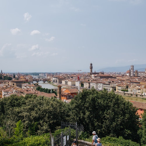 Panoramic view of a city with tall historic buildings, a river running through, and lush green trees in the foreground.