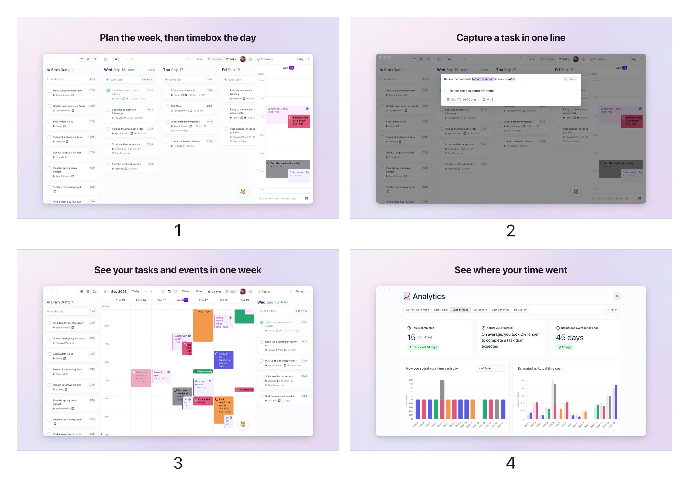 Four Mac App Store screenshots of Ellie for Mac in a two by two grid, numbered 1 to 4: Plan the week, then timebox the day; Capture a task in one line; See your tasks and events in one week; and See where your time went, each above the Ellie window on a pale lilac background