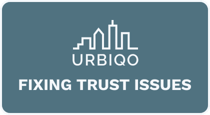 Urbiqo case study cover: panoramic view of Madrid with a white urban skyline logo and the tagline 'A new way of urban rentals.' Below, the title reads 'Designing for Dignity: Rethinking room rentals in Madrid.