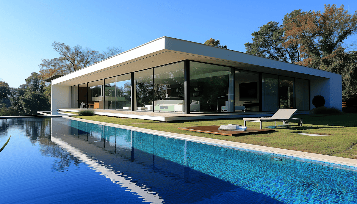 Modern house with latge luxery swimming pool on sunny day