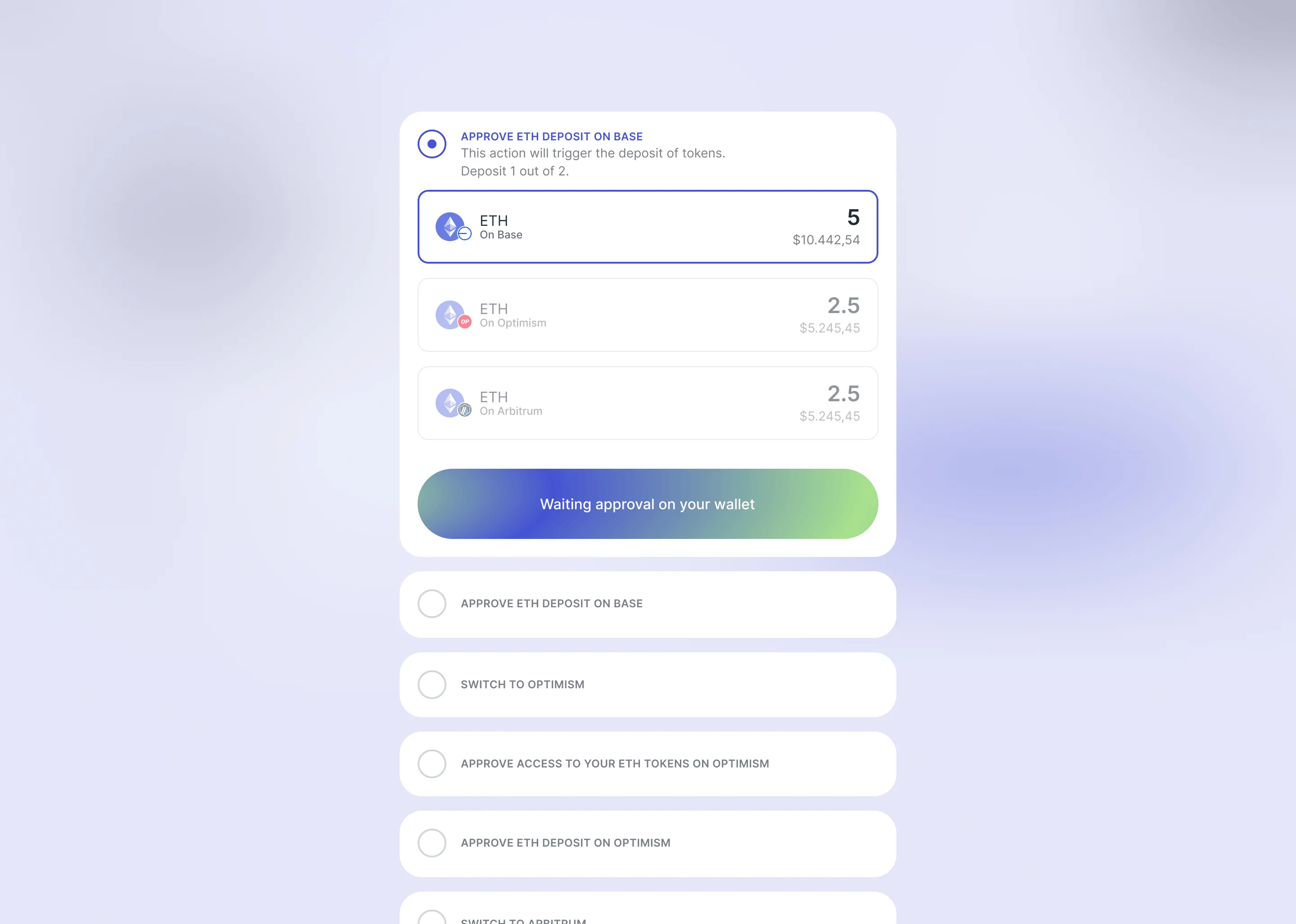 Each deposit step highlights the active token.