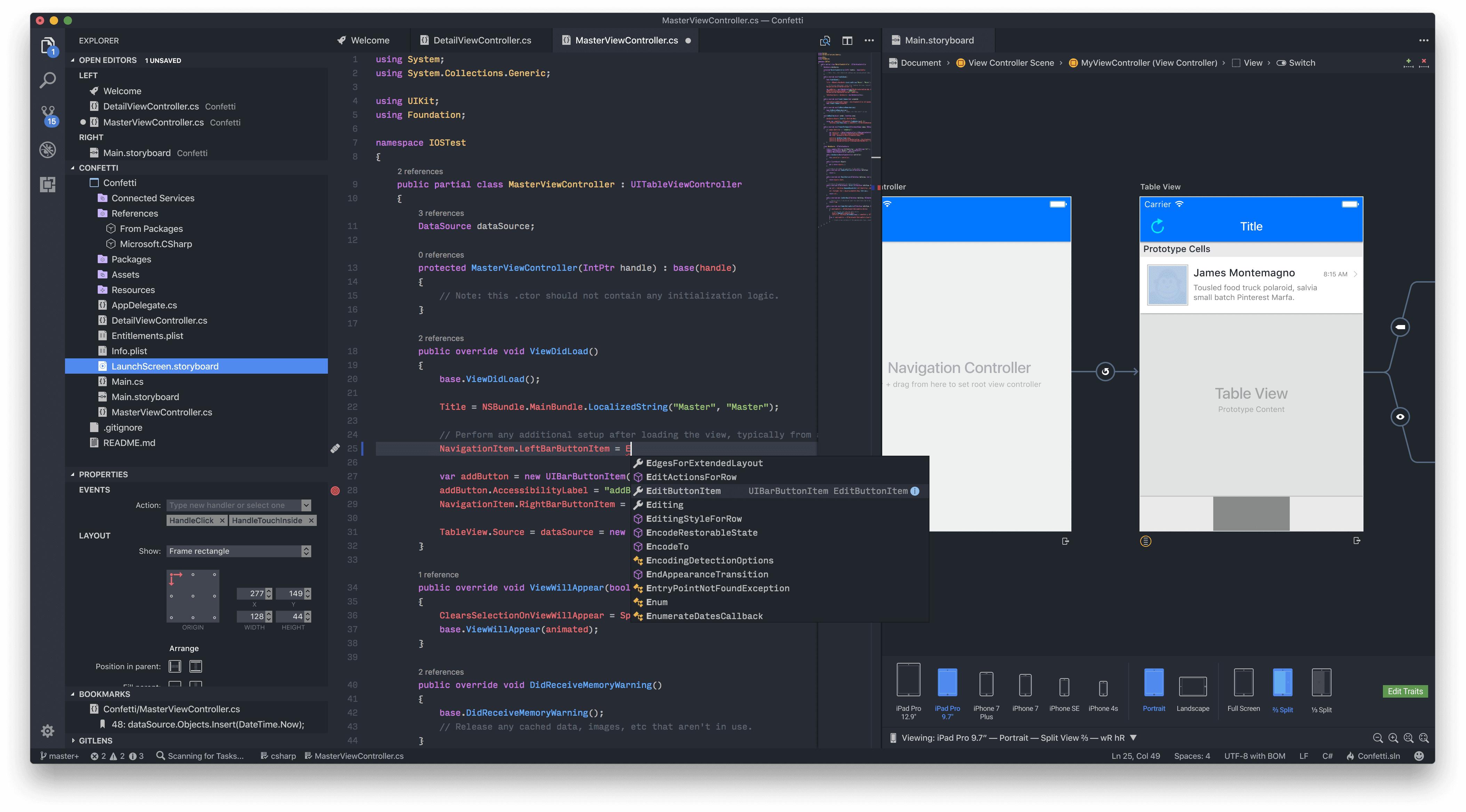 Integrated development environment interface showing code editor, file explorer, and mobile app design preview for a software project named Confetti.