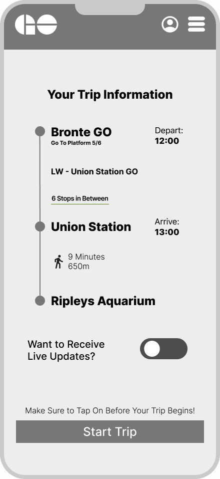 Trip information screen listing departure, arrival, stops, and an option to receive live updates.