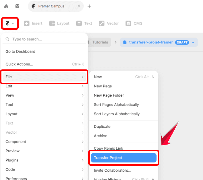Menu File de Framer avec l’option Transfer Project pour transférer un site