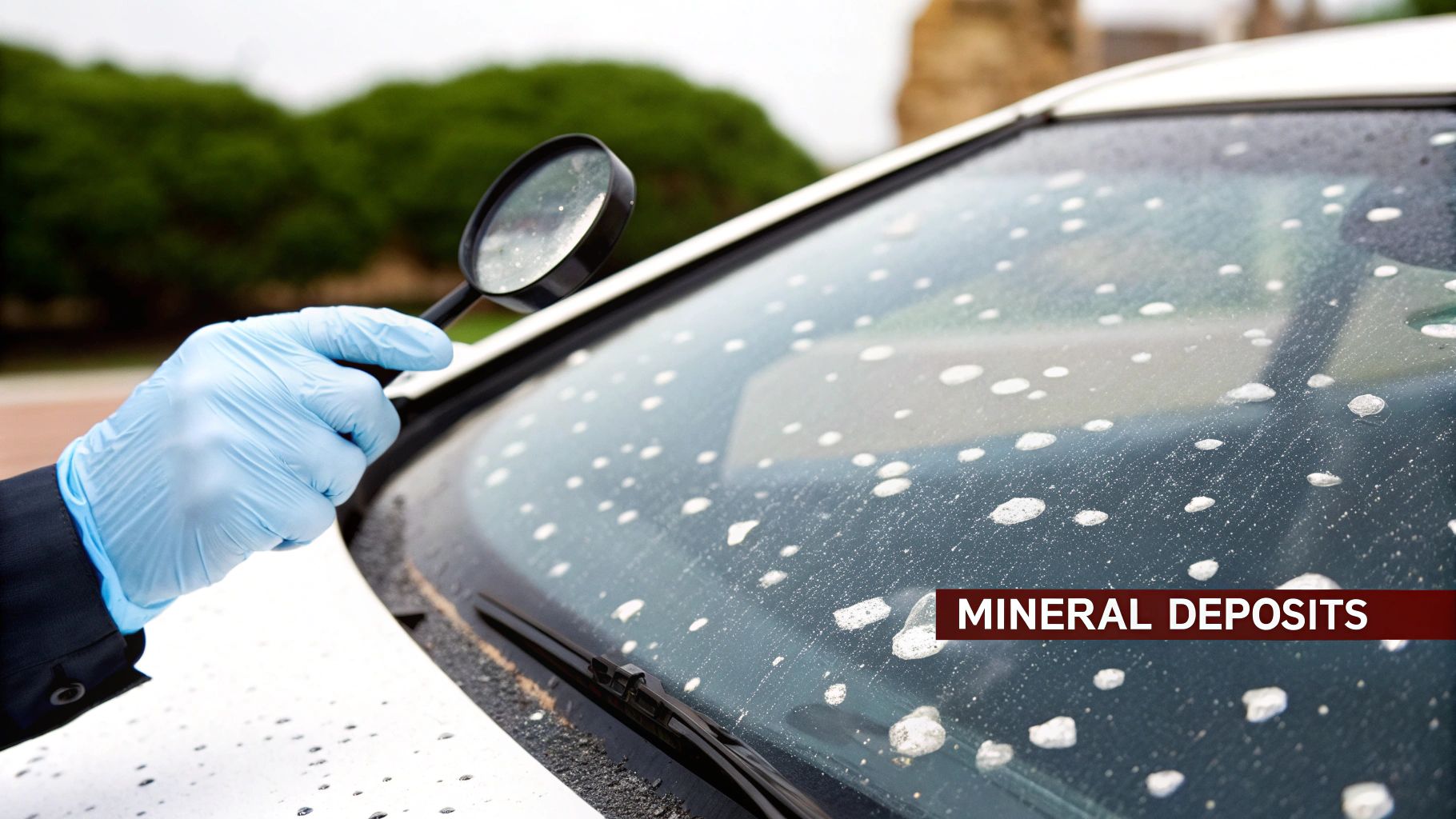 A gloved hand uses a magnifying glass to examine mineral deposits on a car windshield.