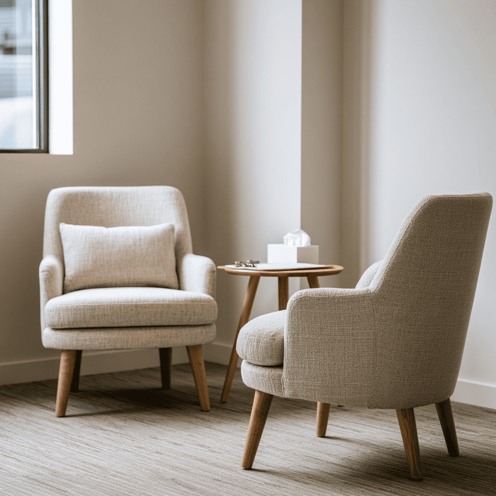 Two empty chairs facing each other in a simple therapy consulting room
