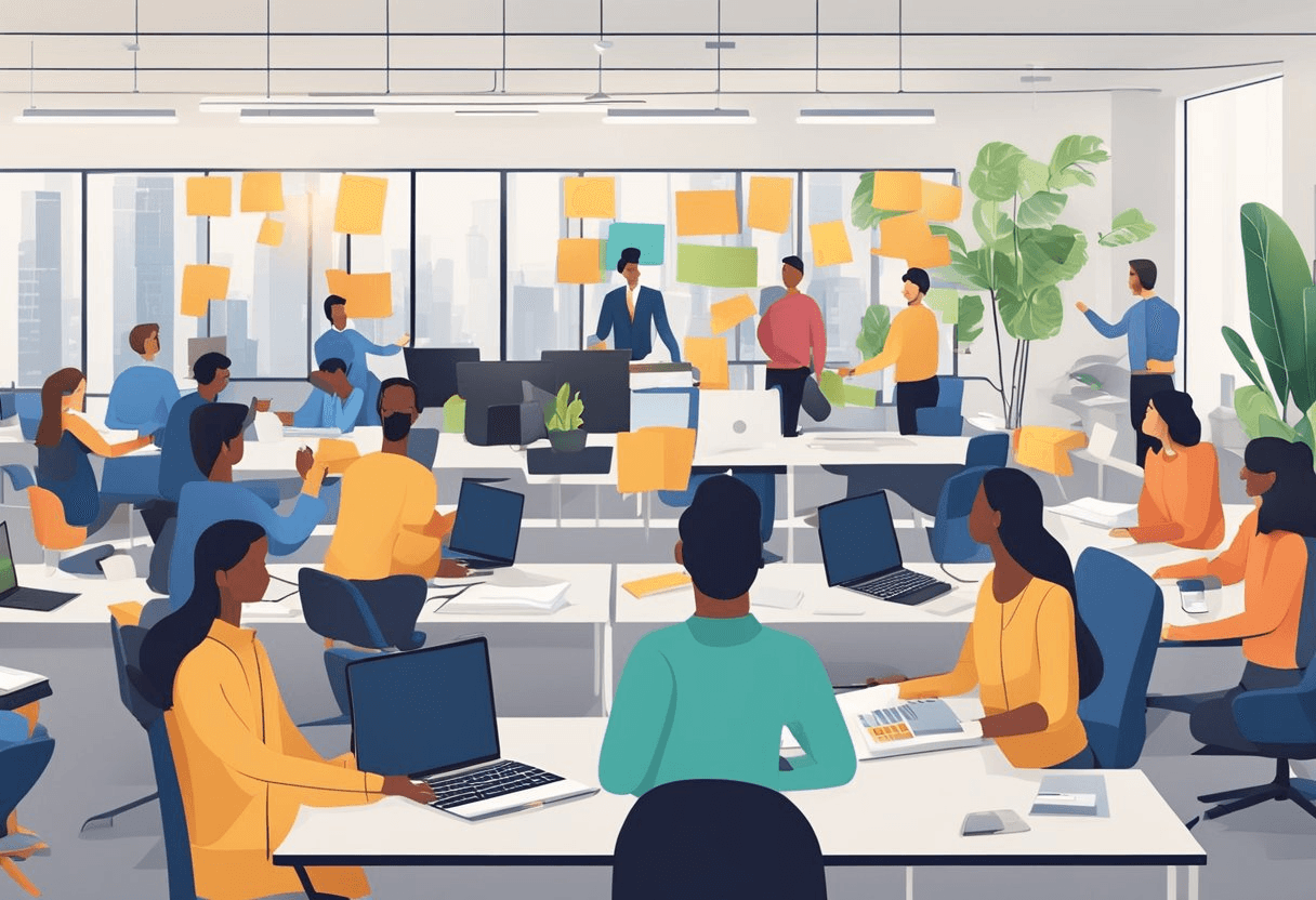 A bustling office with employees engaged in team-building activities, mentorship programs, and open communication channels to reduce turnover