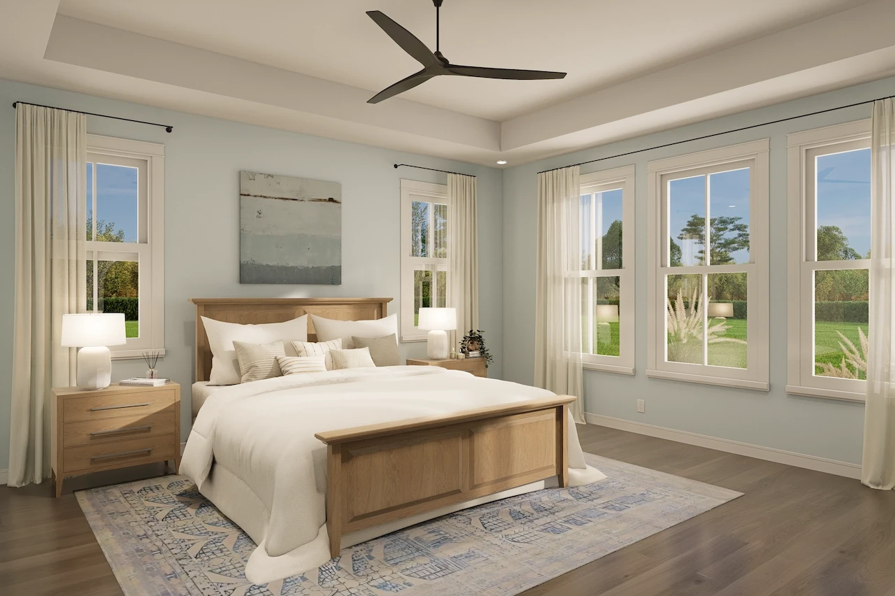 3D render of a cozy and serene master bedroom with natural light, wooden furniture, and a soft pastel color palette. Created by 3D CBA.