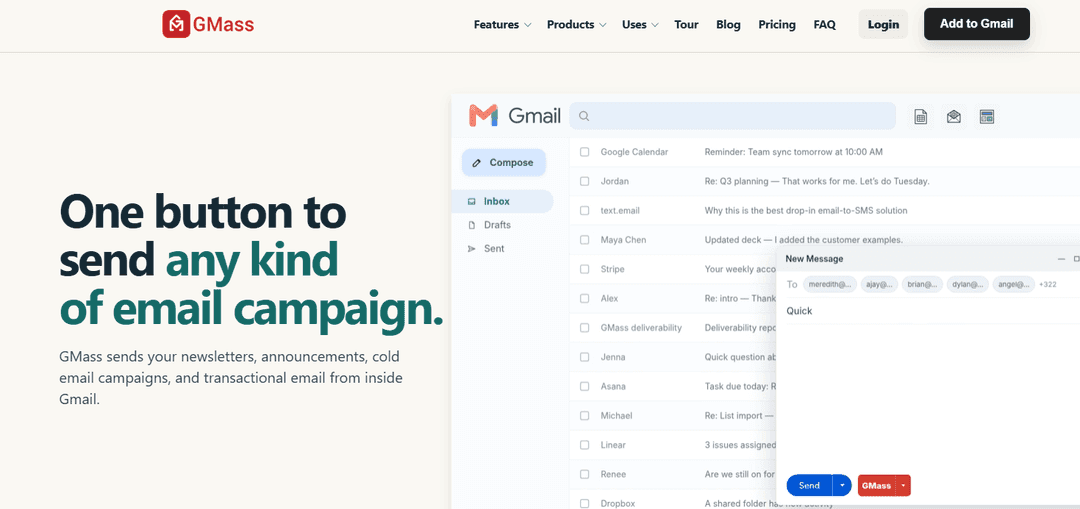 A GMass campaign being written inside a Gmail window, beside the normal inbox list