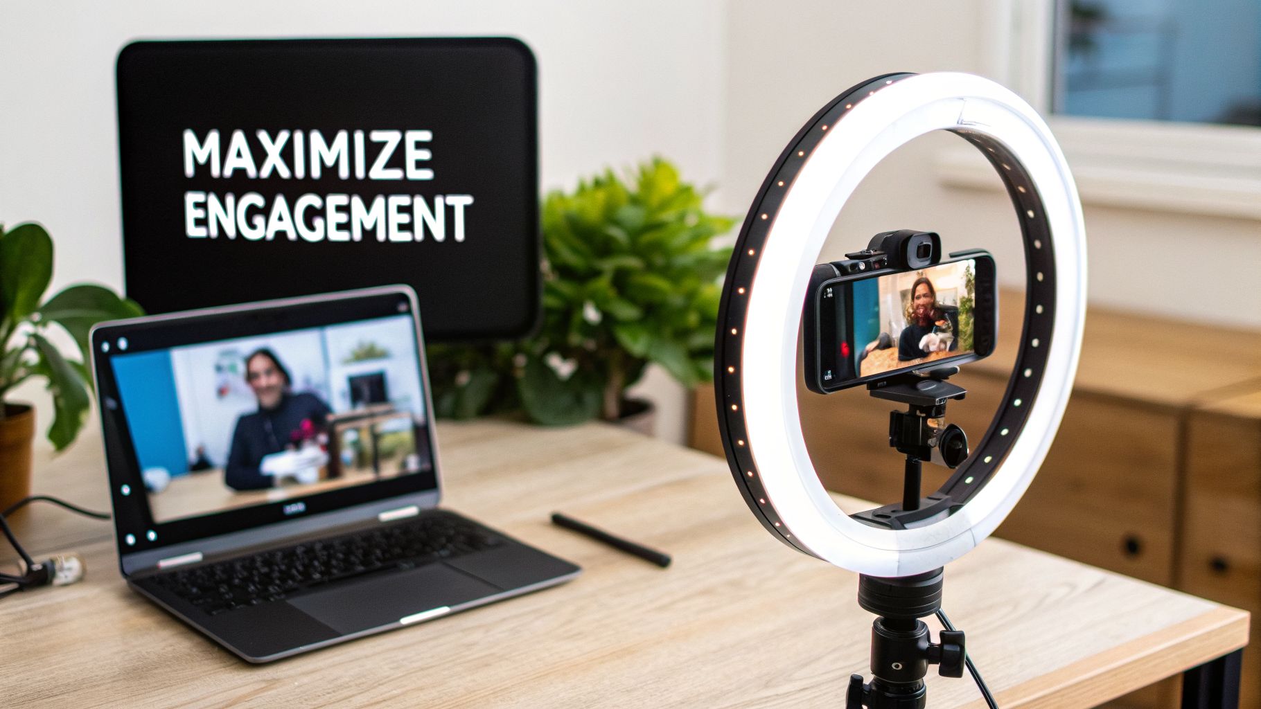 A creative desk setup featuring a laptop, ring light with a smartphone, and a 'MAXIMIZE ENGAGEMENT' sign.