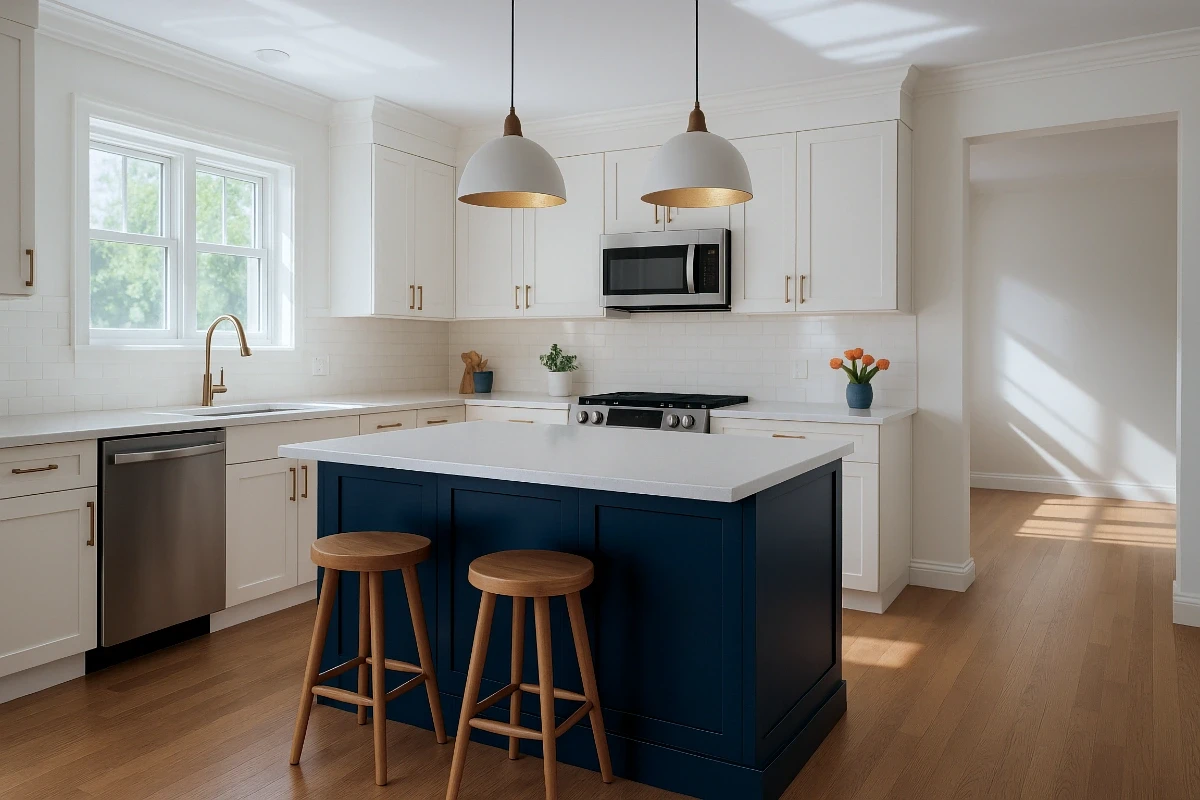 A modern kitchen in a Whitestone mid-century home featuring a warm white