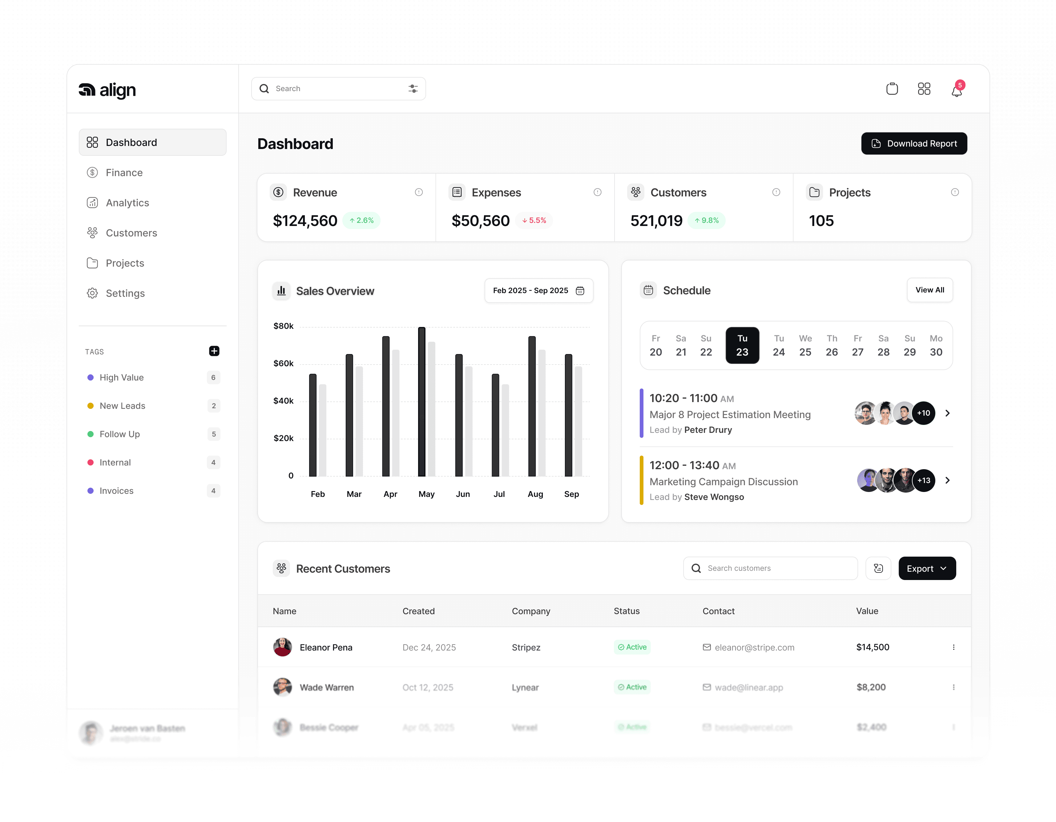 Dashboard overview with sales data, expenses, customer metrics