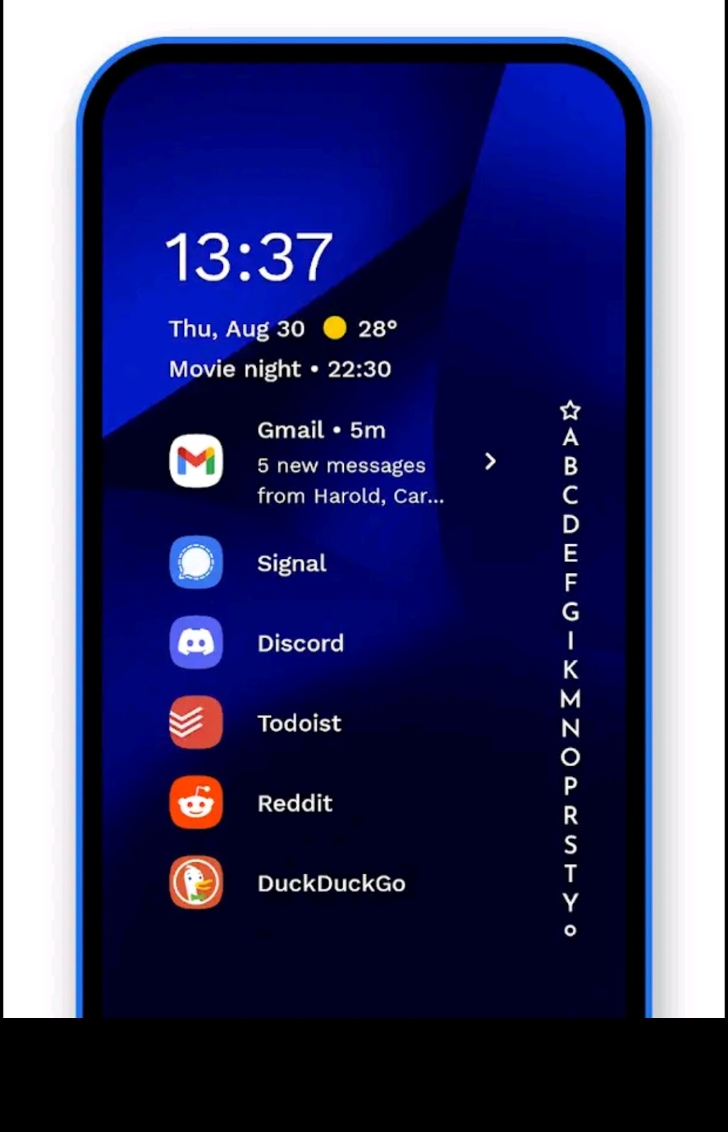 Niagara Launcher with vertical app list and notifications.
