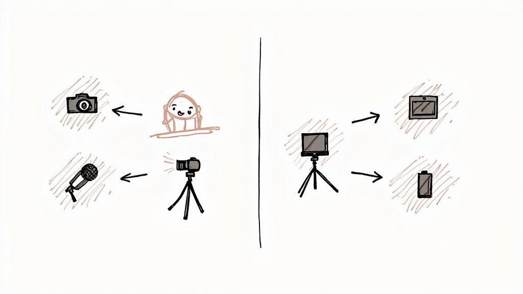 A person making a common beginner videography mistake by shooting handheld in a dimly lit room, resulting in shaky footage.