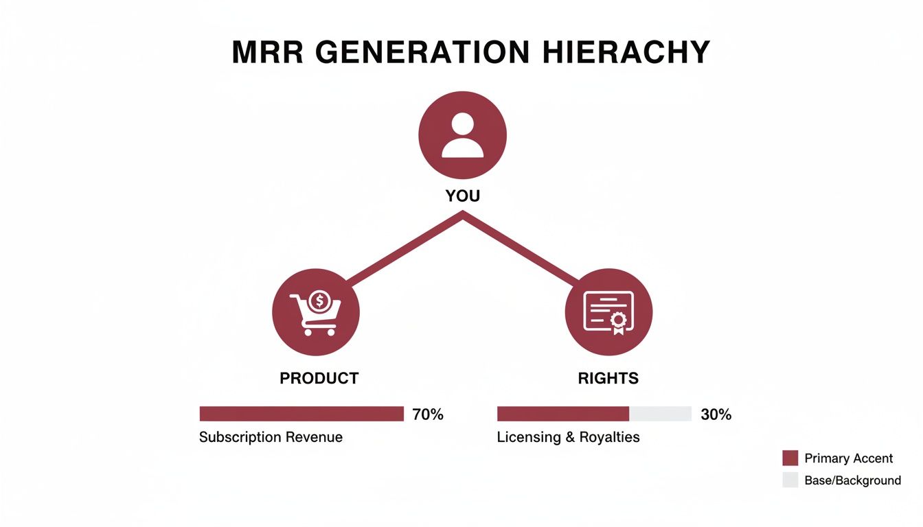 Hierarchy diagram showing MRR generation from product subscription revenue and licensing royalties.