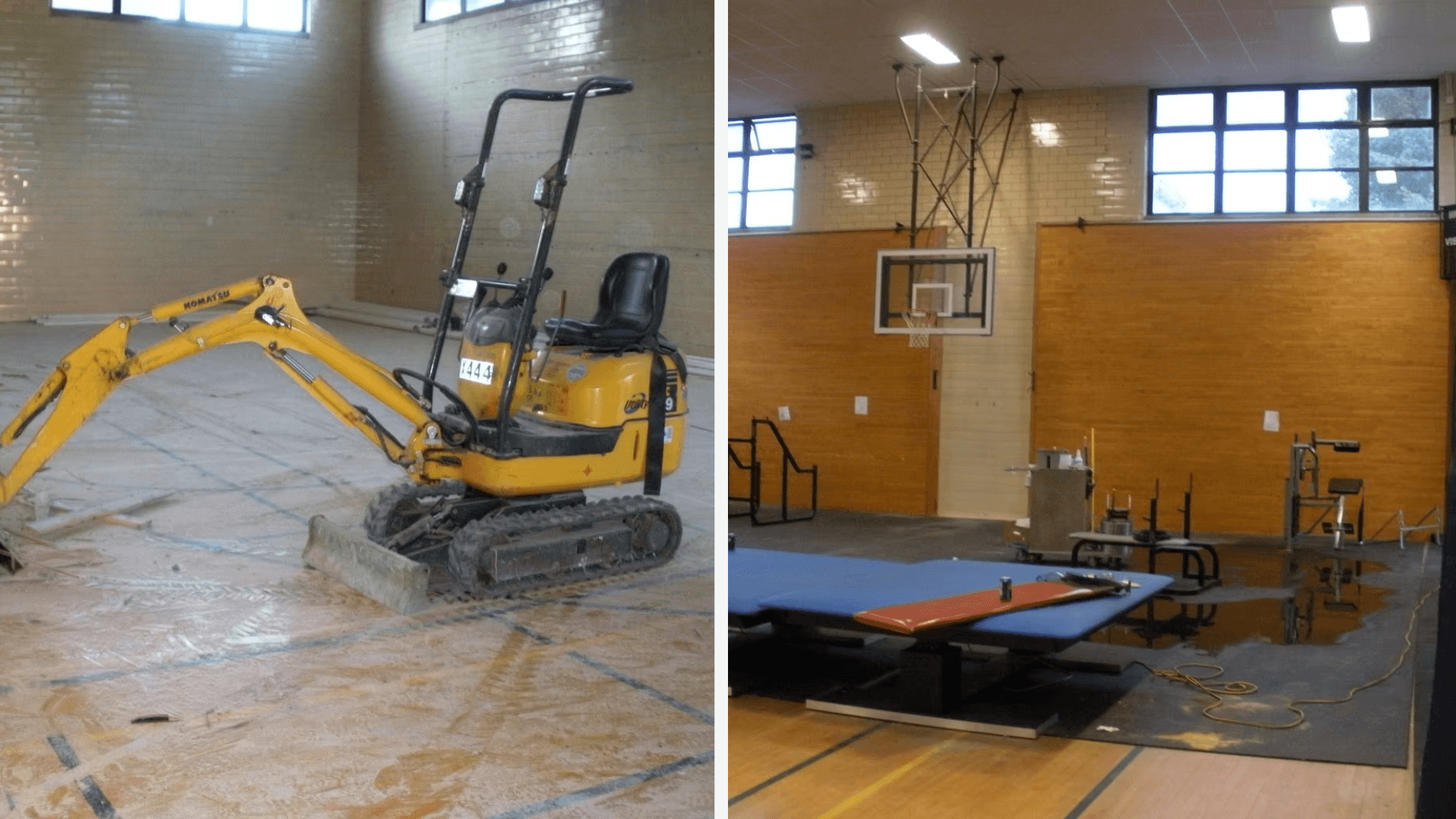 Commercial facility renovation showing excavation equipment and interior construction work in progress