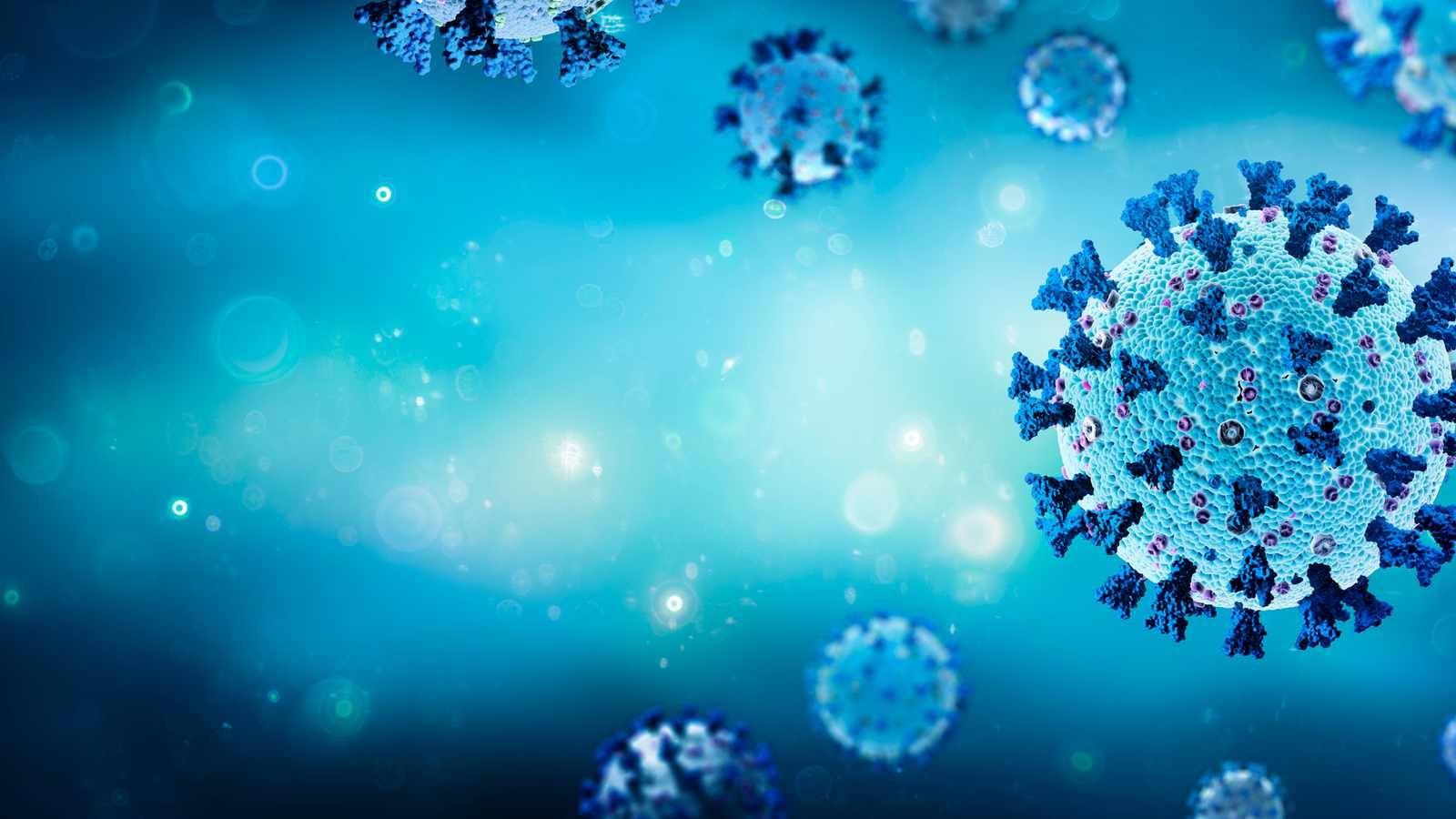 3D render of turquoise virus particles with blue spike proteins floating on a teal background