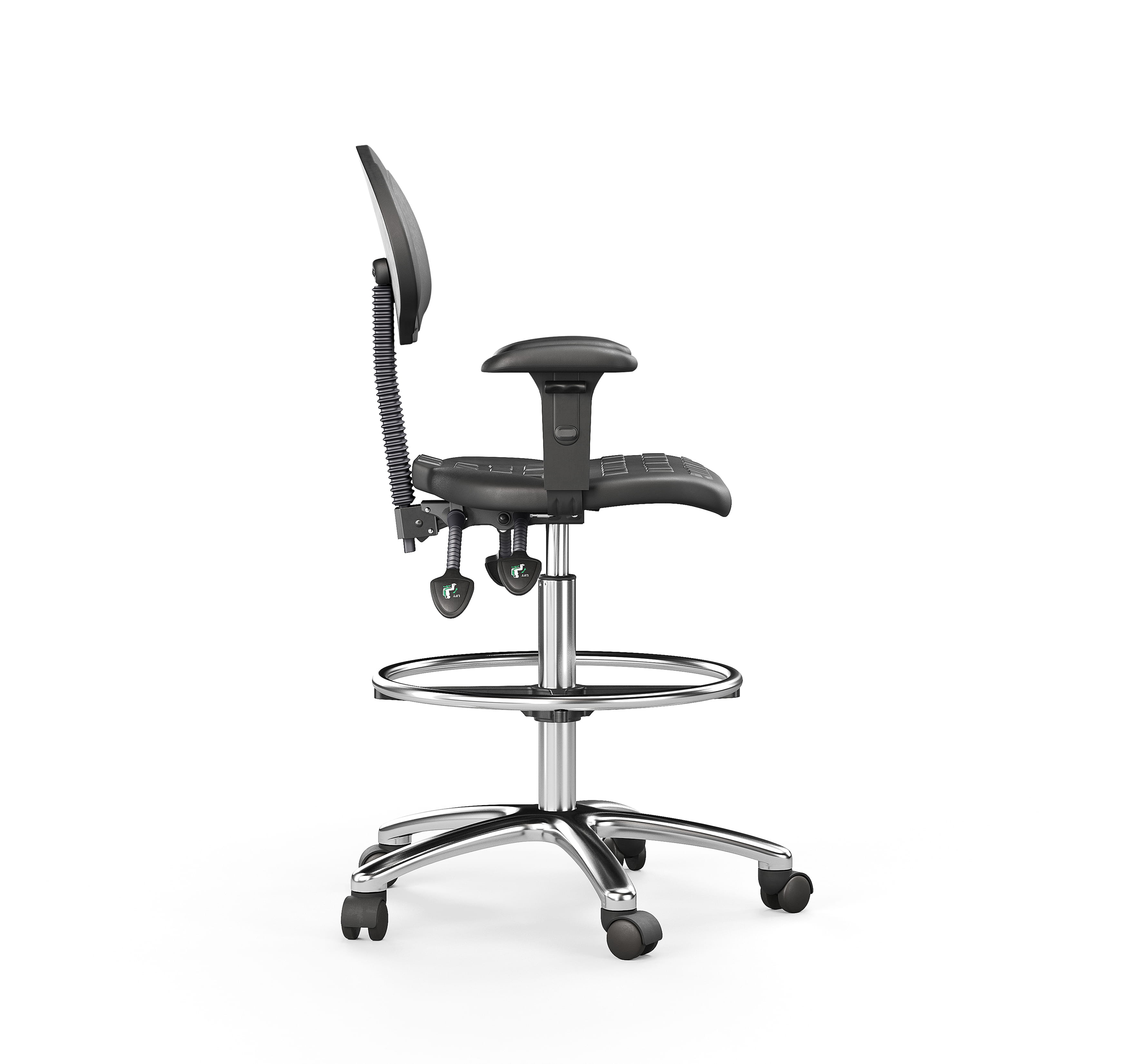 Side view of adjustable lab chair showing backrest support and foot ring design