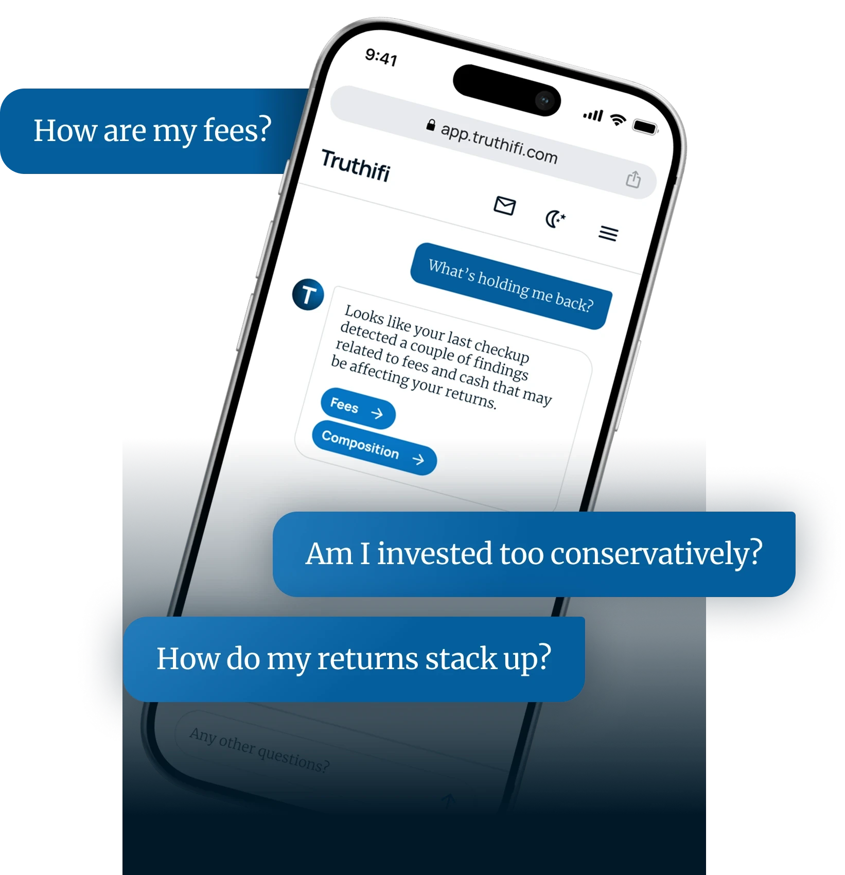 A phone displays Truthifi's website; it asks about fees,  investments