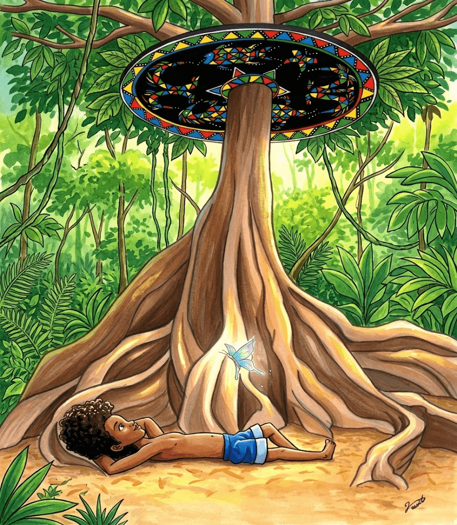 Tizilé sous l’arbre vivant, dans la forêt amazonienne