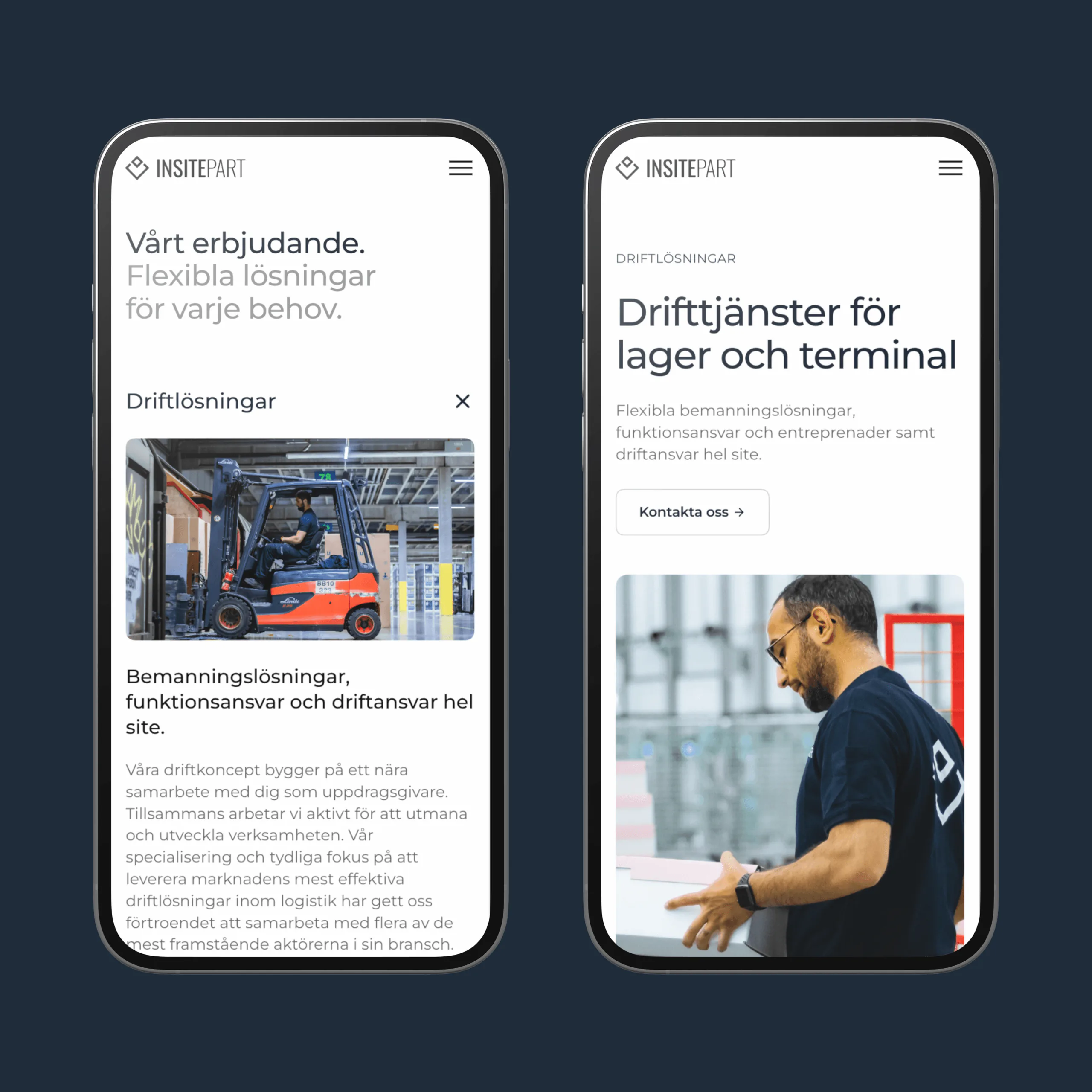 Två mobiler med Insiteparts sidor om driftlösningar och Drifttjänster för lager och terminal