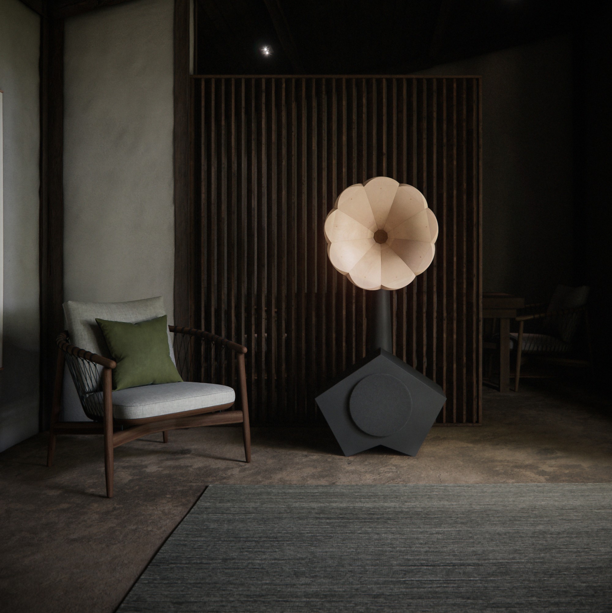 Dark lounge with a sculptural flower-shaped lamp, slatted wood wall, and a lounge chair.