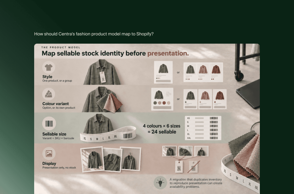 Das Mode-Produktmodell von Centra in Shopify abgebildet: Style, Farbvariante, verkaufbare Größe mit SKU und Präsentation