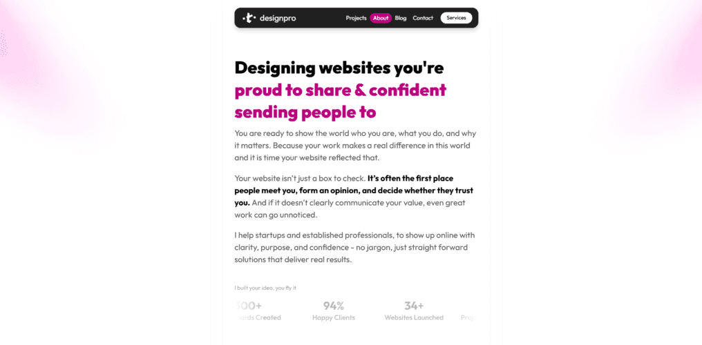 Screenshot of webpage that has a title Designing website you're proud to share and confident sending people to 