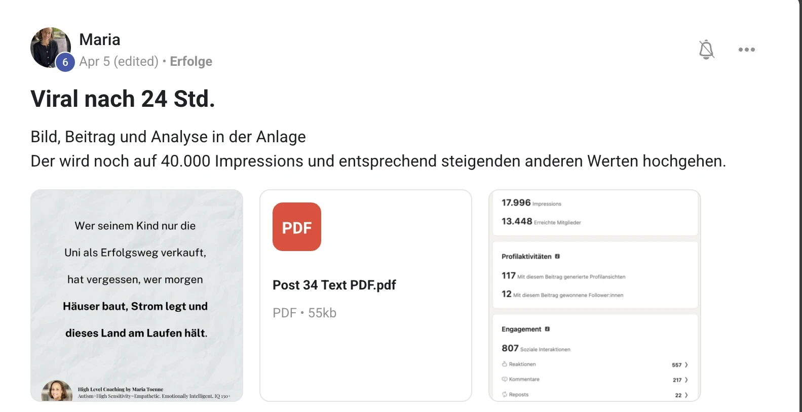 Kundenstimme KI Creator Akademie: Coach Maria mit LinkedIn-Beitrag über 17.996 Impressionen