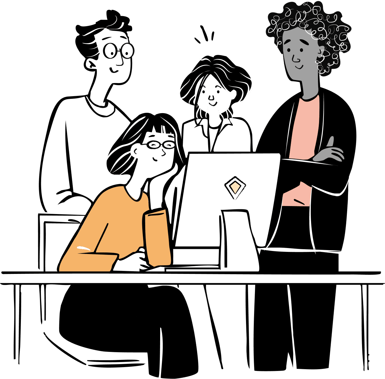 An illustration of a professional team of four colleagues gathered around a computer screen. They all share positive and satisfied expressions, representing successful collaboration and expert work.