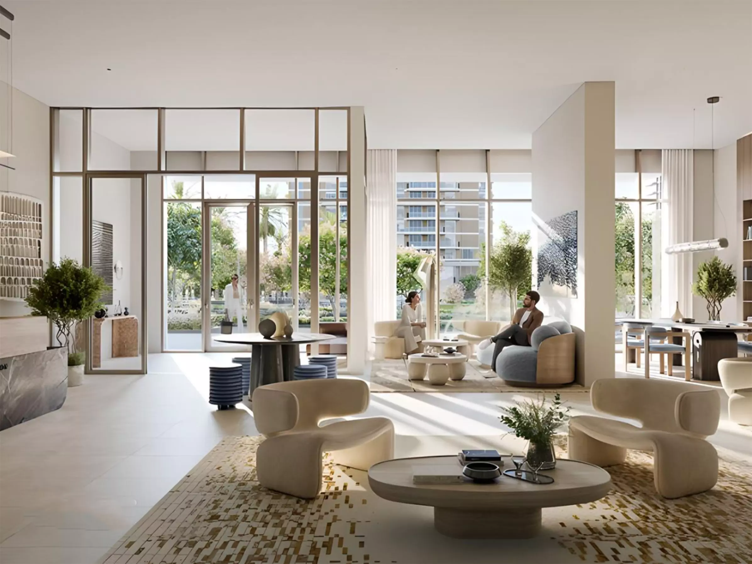 Open and bright community lounge with modern seating at Emaar Altus in Dubai.