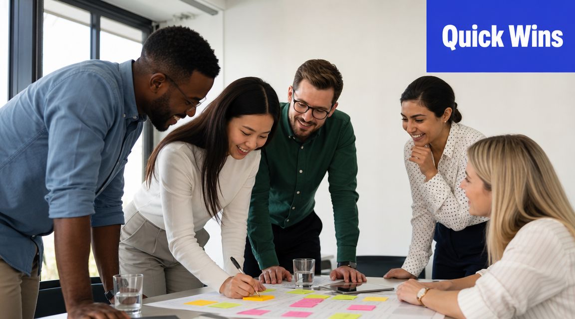A diverse group of business professionals collaborating around a table with sticky notes in a bright office.