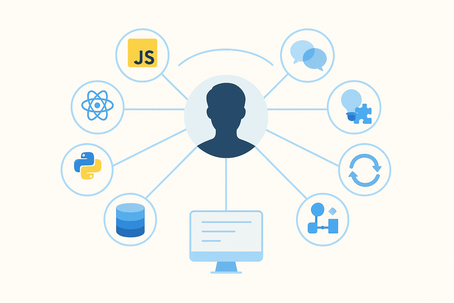 Radial skill map showing essential developer skills including JavaScript, React, Python, Java, database skills, communication, problem-solving, and adaptability evaluating web developer skills.