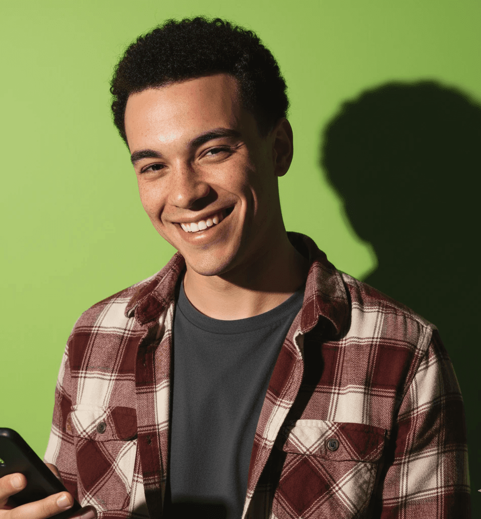 Smiling young Black man in plaid shirt holding smartphone against vibrant green background.
