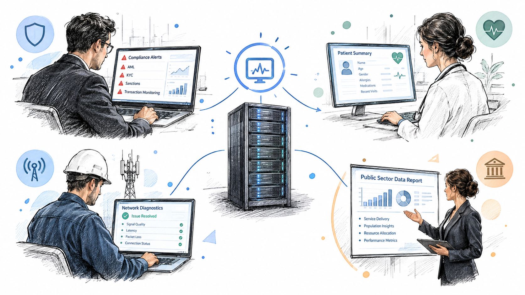 A central data server connecting professionals in finance, healthcare, telecommunications, and public sectors for data management.