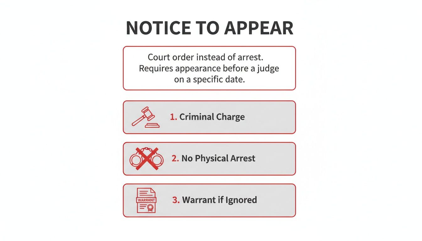 An infographic explaining 'Notice to Appear' court orders, detailing criminal charges, no physical arrest, and warrant if ignored.