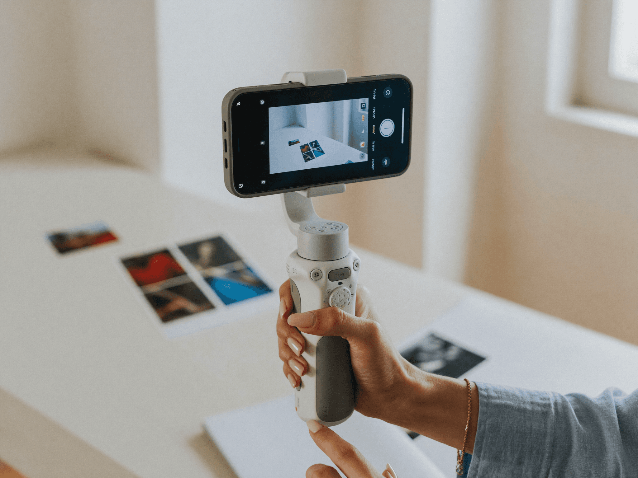 A smiling couple takes a selfie under a clear blue sky. The woman wears a red jacket, and the man, in a green top, holds a smartphone.