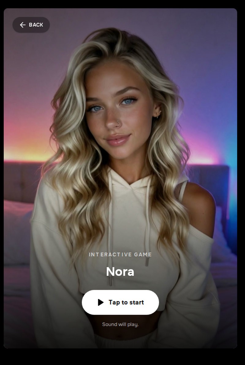 One of MyBabes’s interactive games on its public start screen, September 2026.