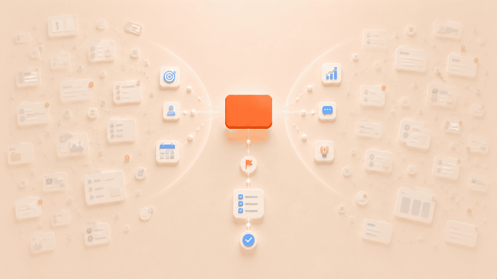 Minimalistische 3D-Illustration mit einer schwebenden korallfarbenen Fokuskarte über einem schmalen Prioritätspfad in der Bildmitte. Um die Szene herum verblassen transparente Aufgabenkarten, Projektkacheln, Ideensplitter, Benachrichtigungspunkte und Planungselemente im warmen cremebeigen Hintergrund, während nur wenige priorisierte Elemente durch einen trichterförmigen Fokus zur zentralen Aufgabe geführt werden und radikales Filtern statt ständiger Beschäftigung symbolisieren.malistische 3D-Illustration mit einer schwebenden korallfarbenen Fokuskarte über einem klaren Workflow-Pfad in der Bildmitte. An den äußeren Rändern verblassen transparente KI-Tool-Panels, Chatblasen, Prompt-Karten, Automationsknoten, Bild- und Recherche-Elemente sowie doppelte Output-Karten im warmen cremebeigen Hintergrund, während wenige ausgewählte KI-Elemente geordnet zur zentralen Aufgabe geführt werden und AI Overload durch Tool-Hopping und Entscheidungsstress symbolisieren.