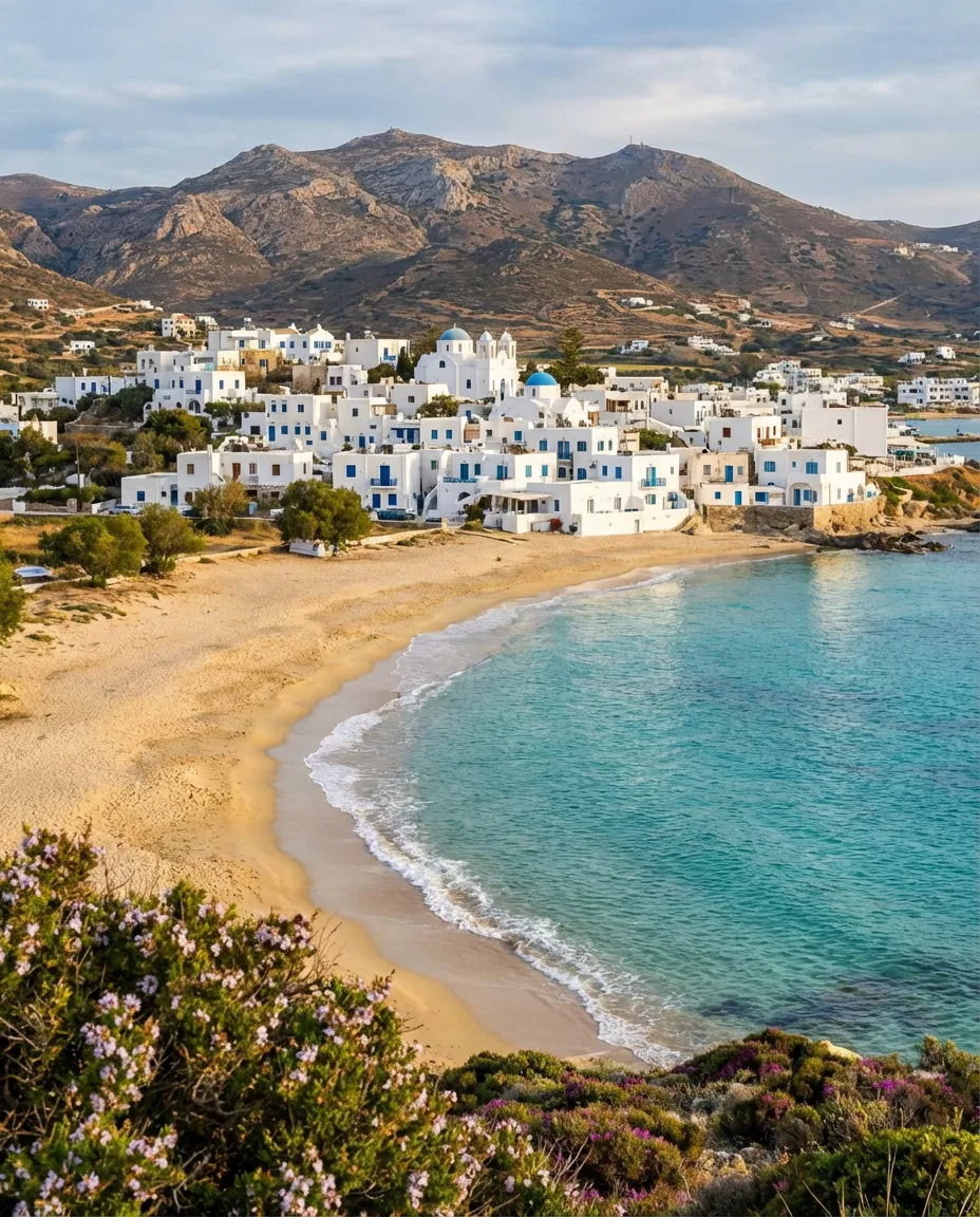 Realistic view of Naxos with golden beaches and turquoise waters