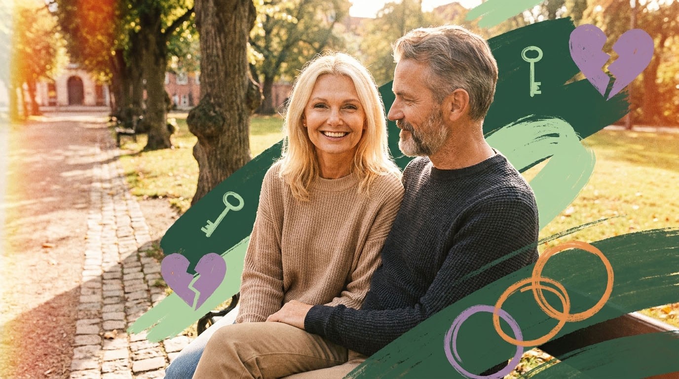 En mand og en kvinde sidder på en bænk og snakker om fremtiden