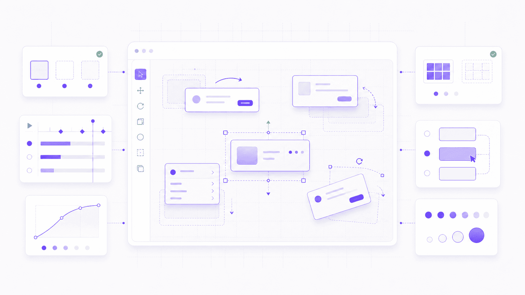 Godot 4.7 UI animation tools showing movable interface cards, layout transforms, timeline controls, and motion guides