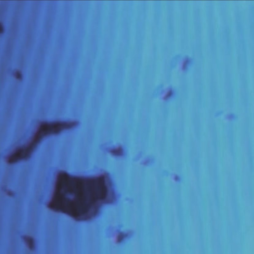Soft focus abstract in blue tones with organic dark blotches and vertical wave-like texture. Evokes a dreamlike underwater feeling or memory fragment suspended in motion. Minimalist, sensory, and open to interpretation—blurring the line between presence and absence.