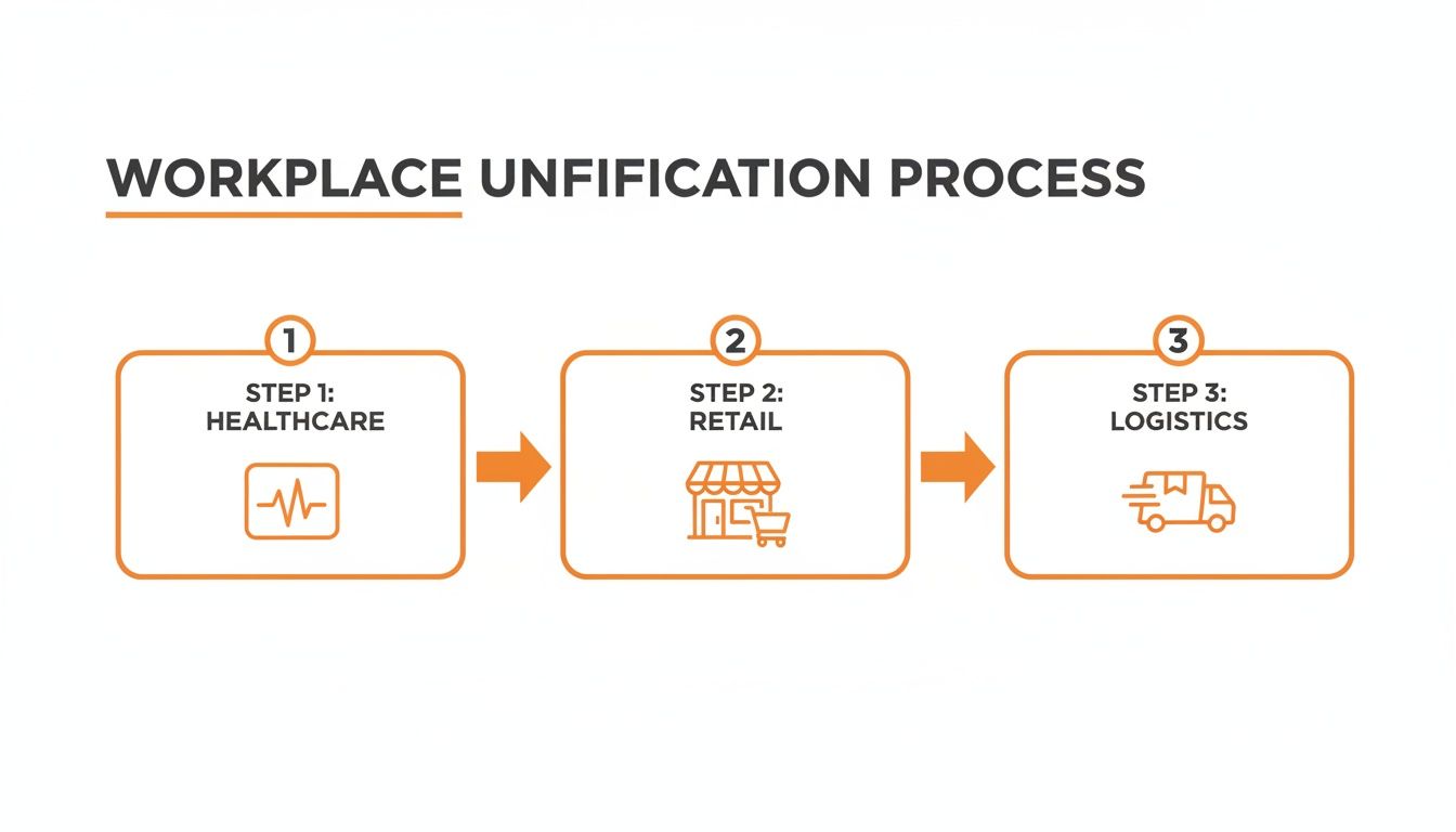 Infographic illustrating a three-step workplace unification process across healthcare, retail, and logistics sectors.