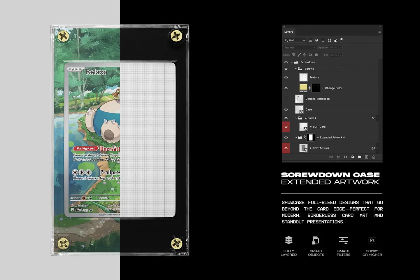 Trading card case mockups screwdown case extended artwork display with Photoshop layers