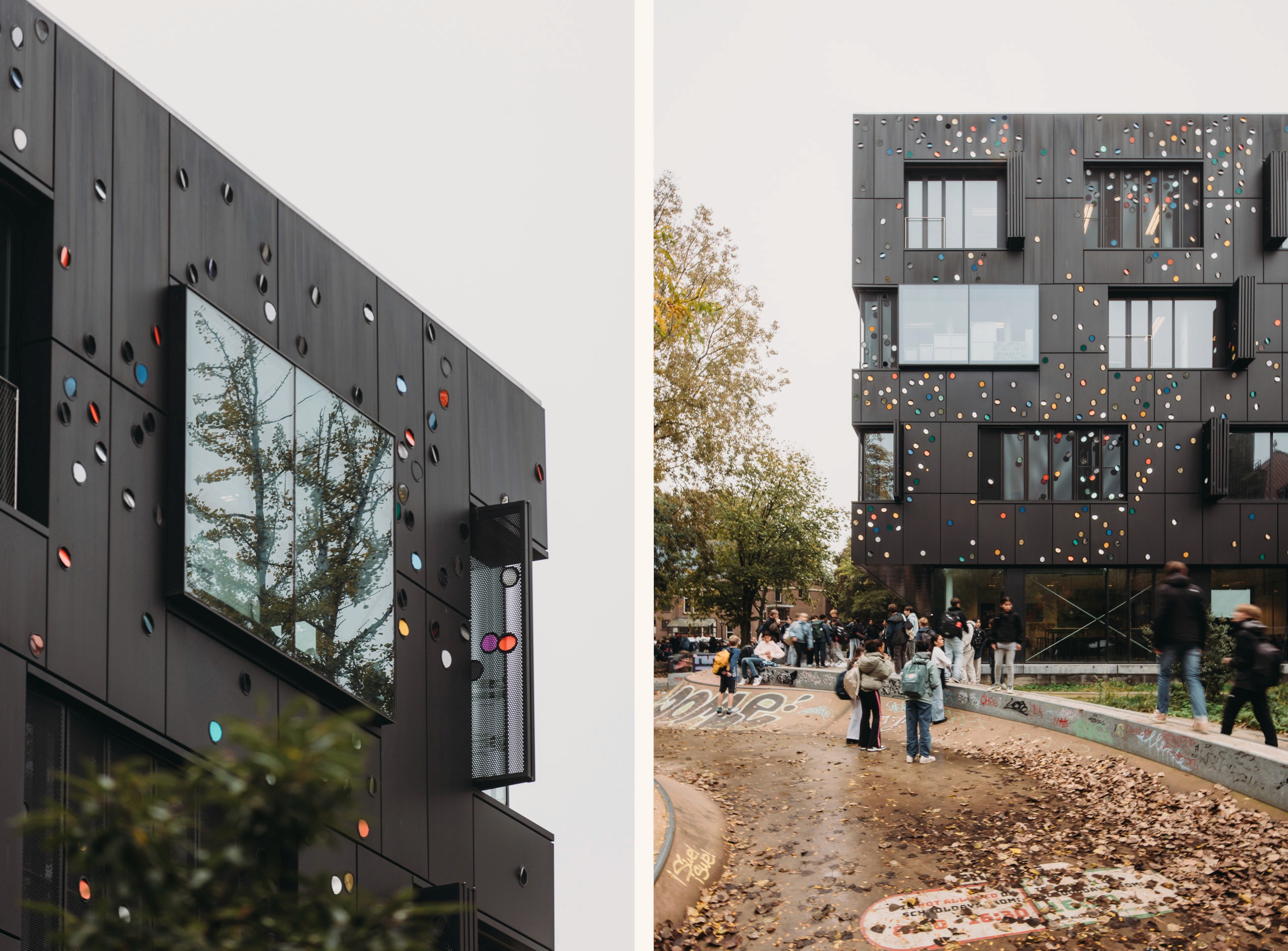 Photo of the exterior of the Metis Montessori Lyceum seen from the Oosterpark, with the skateramp just in front of the building